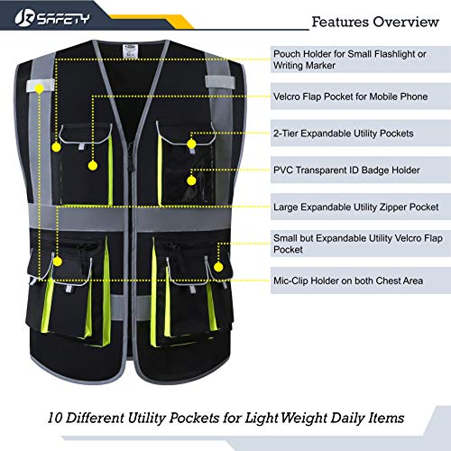 JKSafety 10 Pockets Black Color Safety Vest Zipper Front with High Reflective Strips Meets ANSI/ISEA Standards (88-Black, Large) - color: Black, size: Large