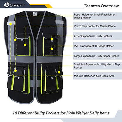 JKSafety 10 Pockets Black Color Safety Vest Zipper Front with High Reflective Strips Meets ANSI/ISEA Standards (88-Black, Large) - color: Black, size: Large