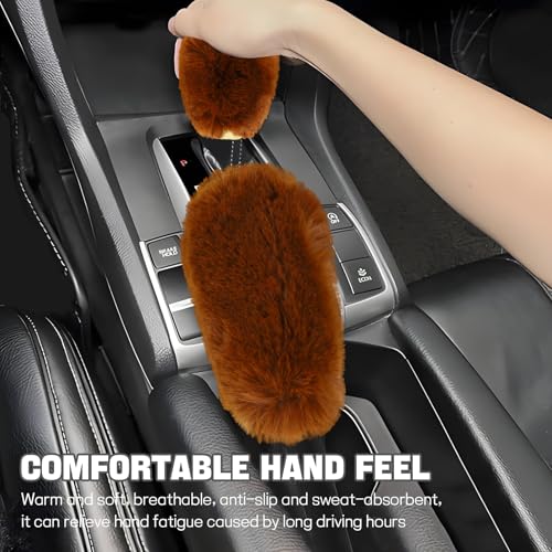 Hovom 2PCS Fluffy Car Gear Shift Knob Cover & Handbrake Cover, Soft Plush Hand Brake Handle & Gear Shift Cover for Women Girls, Universal Comfortable Warm Furry Car Accessories (Brown) - color: Brown