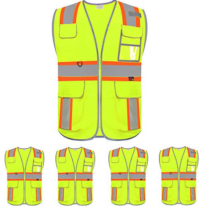 zojo High Visibility Safety Vest, 5PCS,Reflective with Multi-Functional Pockets and Zipper,for Men Women work(Yellow-Strip) - color: Yellow-strip