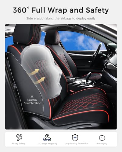 Huidasource Seat Covers, Nappa Leather Car Seat Covers, Velcro Adjustable, Compatible with Airbags, Child Seat, Seat Belts, Fit for Most Cars, Vans, Trucks, SUVs (Full Set/Black&Red) - color: 01FS# Black & Red01, size: 5pcs Full Set