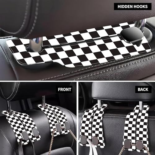 Car Headrest Purse Hanger Black and White Checkered 1 Pack Bag Purse Holder for Car Premium Leather Double Metal Hook for Handbags, Grocery Bags and Phones - color: Black and white checkered
