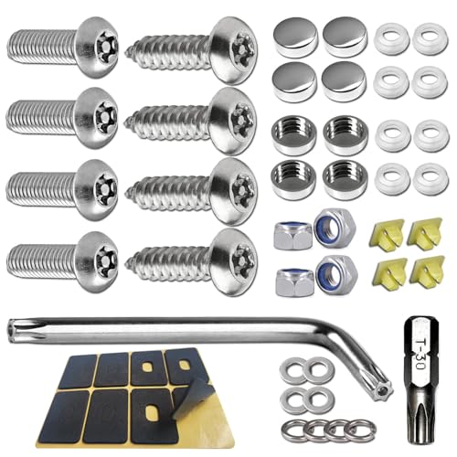 BGGTMO License Plate Screws Anti Theft -Stainless Steel Tamper Resistant Locking Front Rear Car Tag Frame Bolts Set,1/4 Metric M6 Rust Proof Security Screws,Fasteners Nut,Chrome Cap - color: Silver-02