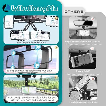 LvShuLiangPin Rearview Mirror Phone Holder for Car, 360° Rotating Rear View Mount with Adjustable Arm Length, Upgraded Four Corners Fixed Anti-Shake Multifunctional Design for All Smartphones