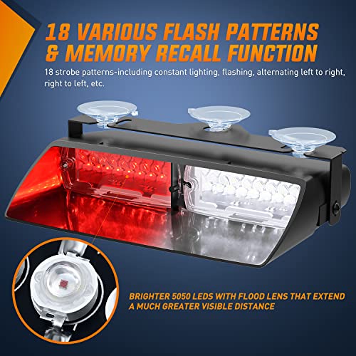 Nilight Red and White Emergency Strobe Lights Windshield Hazard Warning Safety Flash with Suction Cups Super Bright LED Light for Police Enforcement Firefighters Vehicle Truck - color: Red and White