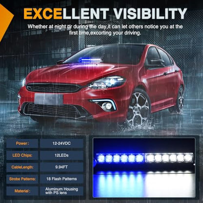 Nilight 12LED Traffic Advisor Strobe Light Bar Blue White Emergency Warning Hazard Safety Dash Front/Rear Windshield Flashing Lights for Cars Trucks Police Firefighter Plow Construction Vehicles - color: Blue White