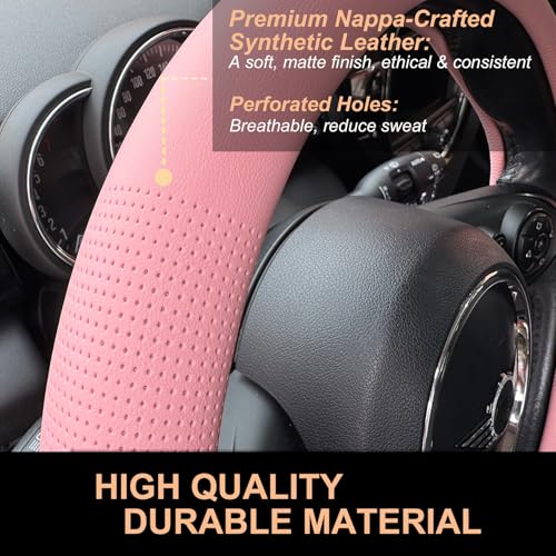 PINCTROT Large Size Nappa Leather Steering Wheel Cover, Slim Fit No Bulk Design, One Piece Leather with Breathable Perforation, Fit Like Gloves, 15.5-15.75 Inch(Nappa Pink) - color: 04.Pink, size: Large Size[15 1/2''-15 3/4'']