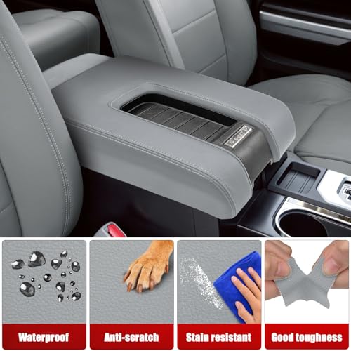 KBH Car Center Console Cover Replacement for Toyota Tundra 2014 2015 2016 2017 2018 2019 2020 2021, Vinyl Leather Armrest Lid Uhpholstery, Anti-Scratch, Gray (Leather Part Only) - color: Gray