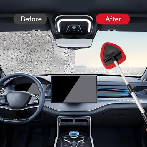 Qydipclin 11pcs Windshield Cleaner Tool, Car Window Cleaning Wash Kit with 6 Reusable Microfiber Pads 2 Spray Bottles and Extendable Handles Auto Glass Wiper Kit, Red - color: Red