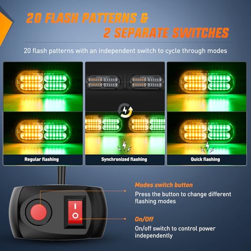 Nilight 4PCS Amber Green Strobe Lights 24LED Emergency Hazard Warning Light Sync Feature Ultra Slim Surface Mount with Controller and Cigarette Lighter Plug for Truck Car Vehicle - color: Amber Green w/Controller