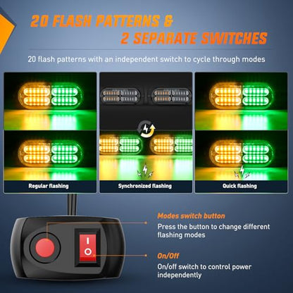 Nilight 4PCS Amber Green Strobe Lights 24LED Emergency Hazard Warning Light Sync Feature Ultra Slim Surface Mount with Controller and Cigarette Lighter Plug for Truck Car Vehicle - color: Amber Green w/Controller