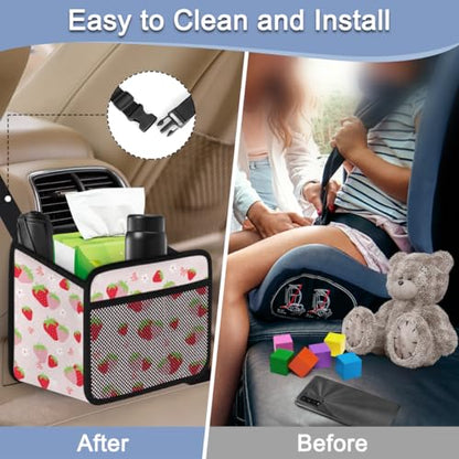 Cute Strawberry Print Car Organizer for Kids, Backseat Headrest Storage Bag, Adorable Cartoon Fruit Pattern, Foldable Waterproof PU Leather Organizer, Perfect for Mom and Baby