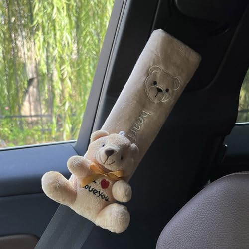 ZOSTLAND 2Pcs Car Seat Belt Pad Cover,Soft Auto Safety Strap Shoulder Pads,Plush Yellowish-Brown Cartoon Bear Doll Seatbelt Cover,Cute Harness Pad,Compatible with All Cars and Backpack(2Pcs Bear) - color: 2Pcs Bear