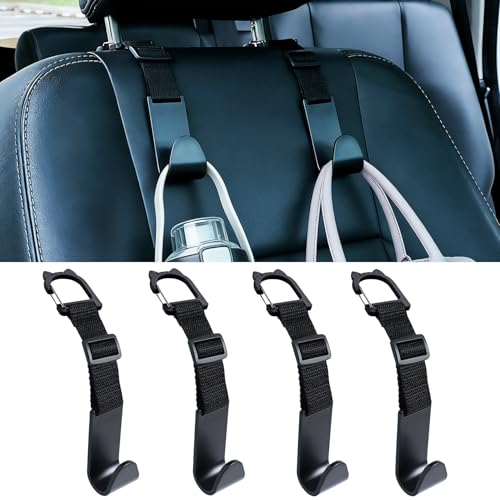 Adjustable 4-Pack Car Headrest Hooks Cute Cat Pattern Universal Seat Back Organizer with Clip for Purses Bags Groceries Black