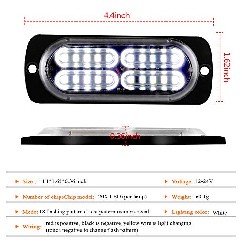 Teguangmei 12-24V 20-LED Super Bright Emergency Strobe Warning Caution Hazard Construction Waterproof Flashing Strobe LED Light Bar Surface Mount for Car Truck SUV Van (White) - color: White