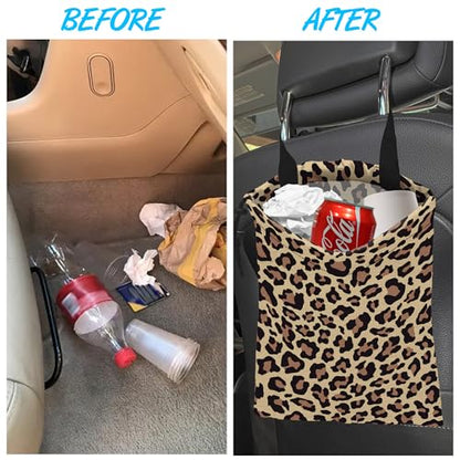 Car Trash Bag Hanging Brown Leopard Print Car Trash Can Waterproof Garbage Bag Hanging for Car Back Seat - color: Brown Leopard Print