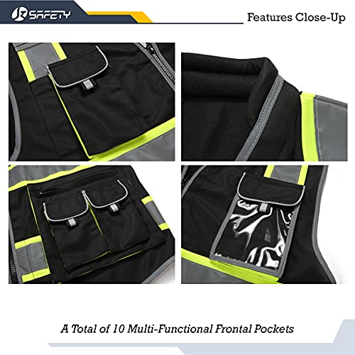 JKSafety 10 Pockets Hi-Vis Zipper Front Black Safety Vest | Cushioned Collar | High Reflective Tapes with Extended Neon Yellow Strips | Meets ANSI/ISEA Standards (Large, 89-Black) - color: Blackt1s1, size: Large