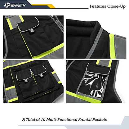 JKSafety 10 Pockets Hi-Vis Zipper Front Black Safety Vest Meets ANSI/ISEA Standards (Medium, 89-Black) - color: Blackt1s1, size: Medium