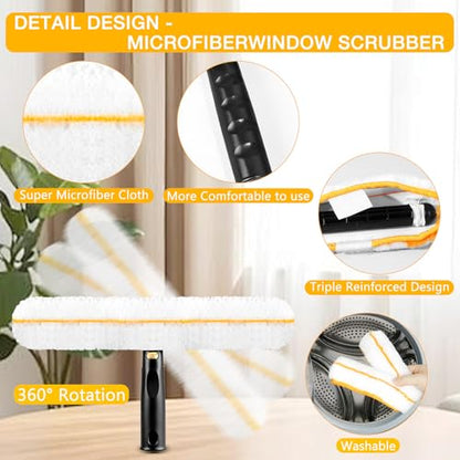 Window Cleaning Squeegee Kit- 14" Squeegee & Microfiber Rotatable Window Scrubber,All-Purpose Tile Shower Walls Window Glass Car Windshield Mirrors,Reusable Microfiber Sleeve