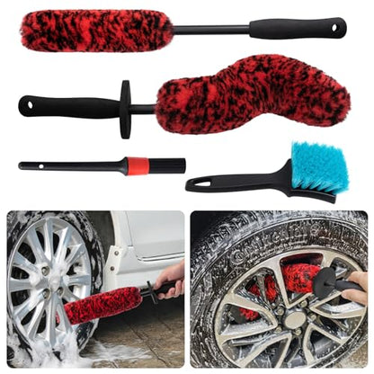 4 Pack Car Wheel and Tire Cleaner Brushes Kit Auto Motorcycle Rim Hub Ultra Soft Microfiber No Spatter Bendable Woolies Bristle Cleaning Set - color: Red & Black