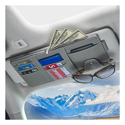 Car Sun Visor Organizer, Leather Storage Pocket Sun Visor Pouch with Zipper for Cards License Registration Pen Glasses Document, Fits Most Car SUV, Auto Interior Accessories for Men Women (Gray) - color: Gray