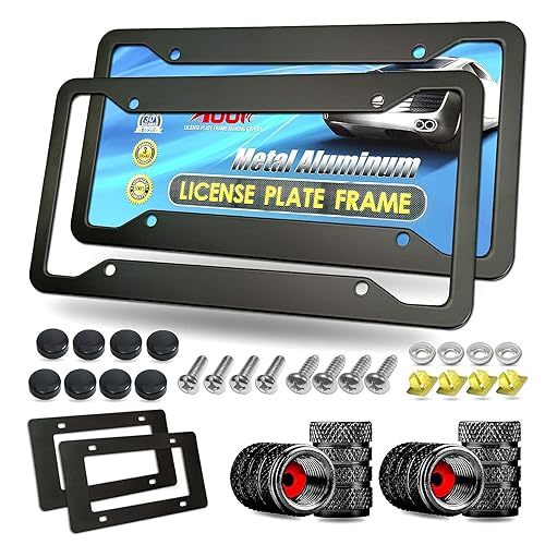 Aootf Black Aluminum License Plate Frames- Heavy Duty Car Tag Cover with Screw Caps, 2 Pack Front & Rear Holders for Women/Men, with Screws, Tire Valve Caps, Rattle Proof Pads, 4 Hole - color: 4 Hole Black Aluminum