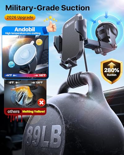 andobil 【True Military-Grade Phone Holders for Your Car 【89+ LBS Strongest Suction & Clip】 2026 Ultimate Car Phone Holder, Dashboard Windshield Vent Cell Phone Car Mount for iPhone Sumsung Android - color: Black