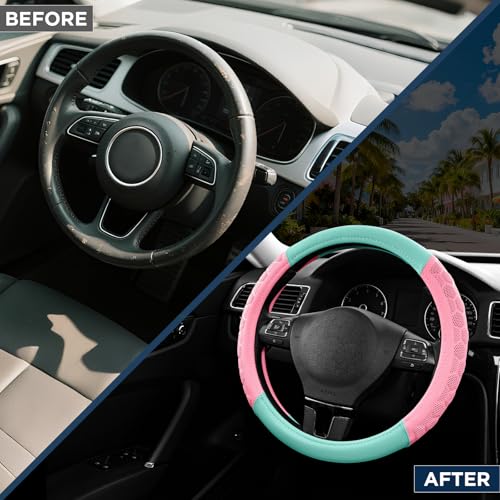 PIC AUTO Massage Steering Wheel Cover, Pink Football Pattern Material Spliced & Light Green Leather Car Steering Wheel Cover, Car Steering Cover, Universal Fit 14.5"-15.5" for Cars, Trucks, Van, SUVs - color: Light Green