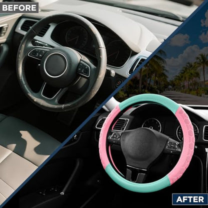 PIC AUTO Massage Steering Wheel Cover, Pink Football Pattern Material Spliced & Light Green Leather Car Steering Wheel Cover, Car Steering Cover, Universal Fit 14.5"-15.5" for Cars, Trucks, Van, SUVs - color: Light Green