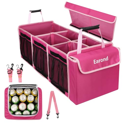 Collapsible Trunk Organizer with Insulated Leakproof Cooler Bag,Removable Lid,Adjustable Securing Straps,3 Compartments Trunk Organizer for SUV,Truck,Sedan(Pink) - color: Pink, size: With Cooler