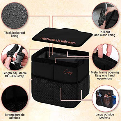 Creathing Car Trash Can Foldable, Waterproof | Organizer Bag or Garbage Can for Console/Seat (Medium, Black), 2 Gallons