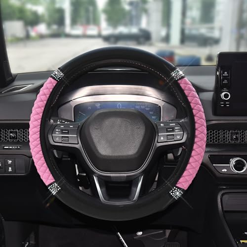Bling Soft Leather Steering Wheel Cover, 15 Inch Colorful Rhinestones Auto Elastic Steering Wheel Protector for Women Girls, Car Accessories Anti Slip Steering Wheel Cover for Cars, SUVs (Pink) - color: Pink