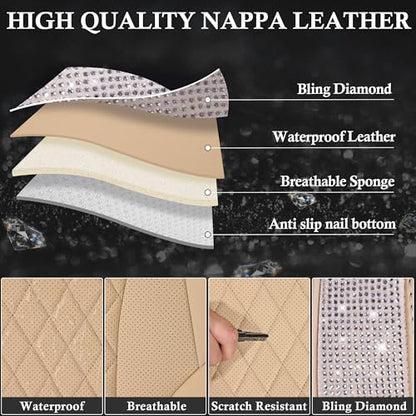 CAR PASS Beige Leather Bling Car Seat Covers Full Set, Luxury Microfiber Nappa PU Cushioned, Waterproof Anti-Slip Universal Fit for Auto SUV Sedan Sparkly Glitter Shining Rhinestone, Beige Diamond - color: Beige Diamond, size: Full Set