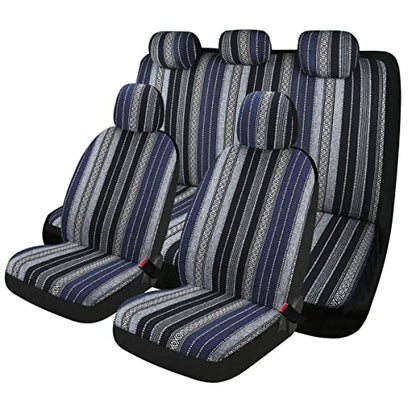 Baja Saddle Blanket Car Seat Covers 9PCS Full Set, Breathable and Washable Striped Woven Automotive Vehicle Seat Cover, Universal Seat Cover for Sedan, SUV, Truck, Airbag Compatible - color: Blue Baja, size: Full Set