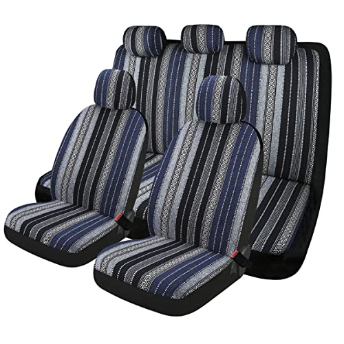 Baja Saddle Blanket Car Seat Covers 9PCS Full Set, Breathable and Washable Striped Woven Automotive Vehicle Seat Cover, Universal Seat Cover for Sedan, SUV, Truck, Airbag Compatible - color: Blue Baja, size: Full Set