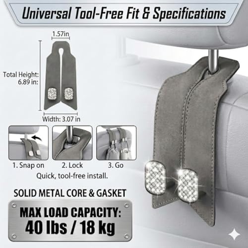 2Pcs Bling Car Headrest Hooks, Premium Leather & Sparkling Rhinestone Dual Metal Hooks, Back Seat Organizer for Bags, Coats, Purses and Groceries (Crystal Gray) - color: Crystal Gray 2Pcs