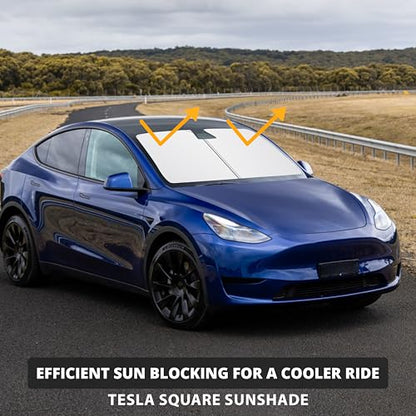 EcoNour Two-Piece Foldable Front Windshield Sun Shade for Tesla Model 3 & Y 2017–2026, 240T Reflective UV & Heat Protection, Storage Pouch Included, Custom Fit with Upgraded Design - size: Custom Size - Tesla Model-3 & Model-y