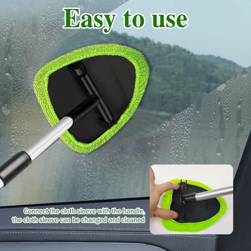Windshield Cleaning Tool, Car Window Cleaner with 4 Washable Reusable Microfiber Pads, Auto Interior Exterior Extendable Long Handle Glass Wiper Cleaning Kit Universal for Office and Home (Green) - color: Green