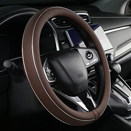 ALEMODR Brown Leather Steering Wheel Cover Fiber Strip Car Steering Wheel Cover Universal 15 inch for Men - color: Brown