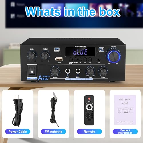 Romica AK55 Stereo Audio Amplifier, 2 Channel 500W Bluetooth 5.0 Home Audio Stereo Receivers with FM, Echo, AUX, USB, SD, MIC, Optical & Coaxial Inputs, AMP for Passive Speakers and Active subwoofer - style: 2.0 CH With Opt/Coax Input
