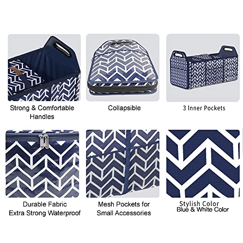 Orionstar Trunk Organizer, Foldable Car Storage Bag Portable Insulation Cooler Bag Collapsible Vehicle Organizer Divider Storage Totes with 3 Compartment Cargo Tote for Groceries Caddy SUV, Navy Blue