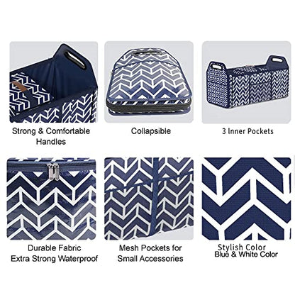 Orionstar Trunk Organizer, Foldable Car Storage Bag Portable Insulation Cooler Bag Collapsible Vehicle Organizer Divider Storage Totes with 3 Compartment Cargo Tote for Groceries Caddy SUV, Navy Blue