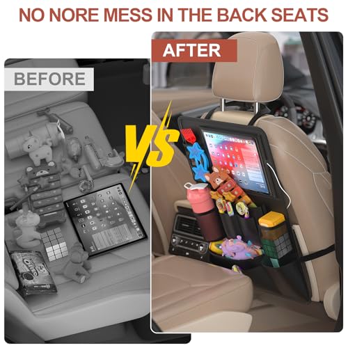 Backseat car Organizer with Touch Screen,2PACK of car organizer Kick Mats Back Seat Protector with 10pcs Storage Pockets,Car Seat Back Organizers Storage for Kids road trip essentials - style: 2PACK-Black