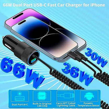 [Apple MFi Certified] iPhone Car Charger Fast Charging, Braveridge 4.8A USB Power Cigarette Lighter Car Carplay Charger Adapter with 6FT Coiled Lightning Cable for iPhone 14 13 12 11 XS XR X 8 SE iPad - size: 6FT