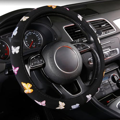 Embroidery Cute Steering Wheel Cover Stitched Butterfly Girly,Sweat Absorption,Universal 15 inch - color: Black