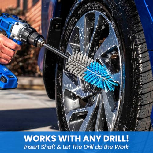 Long Reach Drill Brush Attachment, All Purpose for Car Tires, Wheels, Wheel Wells, Engine Bays, Exhaust Pipes, Running Boards, Hard to Reach Areas, with Heavy Duty Non-Scratch Nylon Bristles - color: Blue/Gray, size: Long Reach - 2 Piece Set
