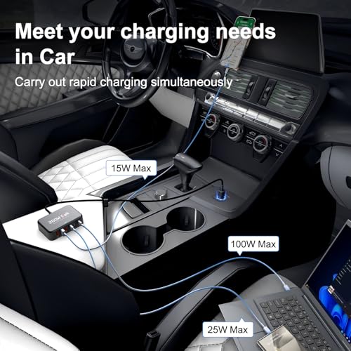Dzytnsy 200W Car Fast Charging Station,6 Ports, Compatible with MacBook pro/Air/M5 M4 M3 M2 M1/Dell/Lenovo/HP,for iPhone 17/16/15 Series,Samsung Galaxy S26/S25 Ultra/S24 Series and More
