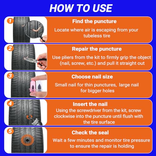 29PCS Tire Repair Rubber Nail Kit, Premium Spiral Screw-in Tire Plugs with 2 Sizes, Tire Repair Kit Emergency Roadside Flat Tire Fix Tool for Car Truck Motorcycle Tractor ATV SUV - size: 29 PCS + Screwdriver