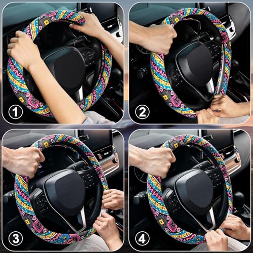 SEG Direct Steering Wheel Cover Handwoven Flax with Geometric Patterns, Anti-Slip & Breathable, Ethnic Style Steering Wheel Protector, Fits 14.5" - 15.25" Wheels - color: Neon Matrix