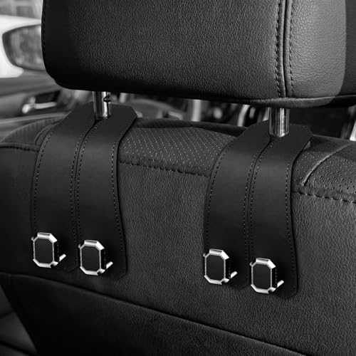 2PCS Car Hooks for Headrest, Faux Leather Purse Hook for Car Seat Back Organizers and Storage, Double Metal Purse Holder Bag Hanger, Universal Car Interior Accessories for Women Man - color: Black
